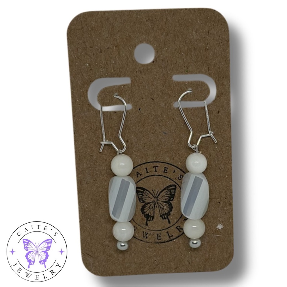Handmade Silver Kidney Earrings with White Shell and Barrel Beads